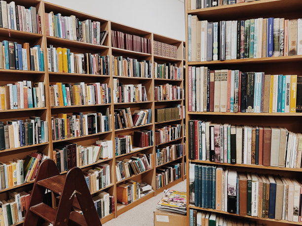 木制书架上的旧书集图片下载