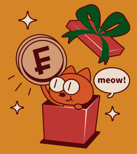 一只微笑的古灵精怪的可爱小猫从礼品盒中探出头，递出一枚硬币图片下载