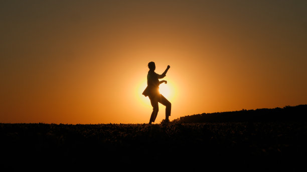 一个女人在日落时分弹空气吉他的剪影图片下载