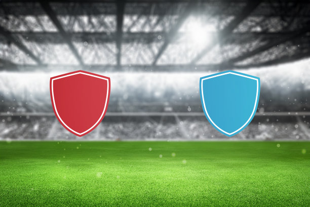 红色和蓝色的足球盾牌标志推广在足球场的背景下，完美的广告和品牌在足球赛事图片下载