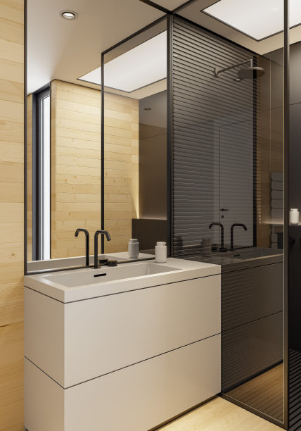 现代简约斯堪的纳维亚浴室，黑色哑光瓷砖饰面和大型松木面板图片下载