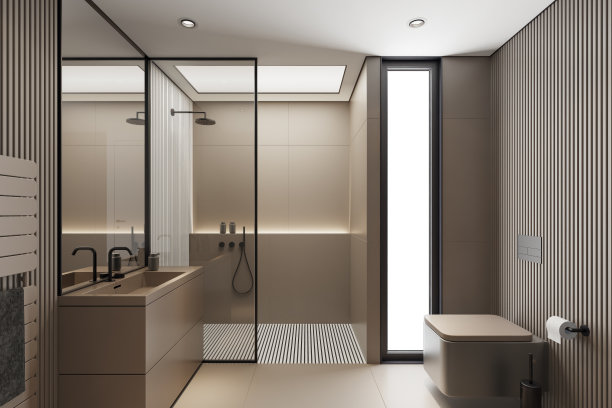 现代简约斯堪的纳维亚浴室（米色哑光饰面和大瓷砖）图片下载