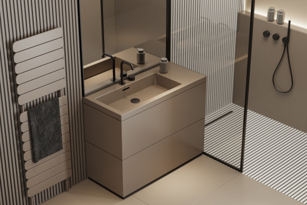 现代简约斯堪的纳维亚浴室（米色哑光饰面和大瓷砖）图片下载