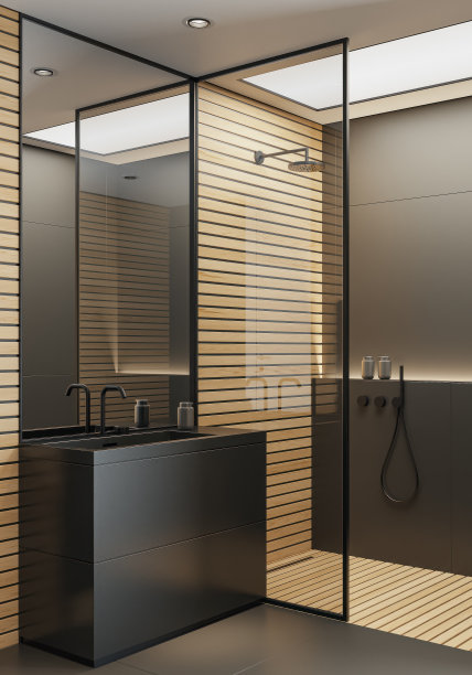 现代简约斯堪的纳维亚浴室，黑色哑光瓷砖饰面和小型松木镶板图片下载