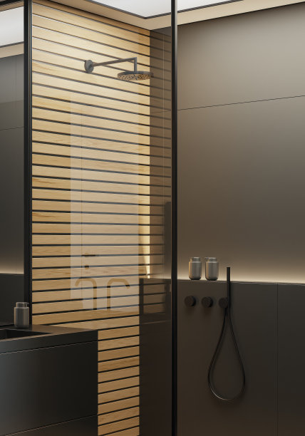 现代简约斯堪的纳维亚浴室，黑色哑光瓷砖饰面和小型松木镶板图片下载