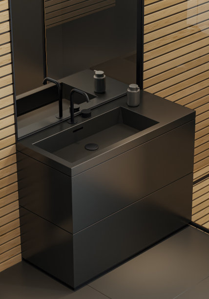 现代简约斯堪的纳维亚浴室，黑色哑光瓷砖饰面和小型松木镶板图片下载