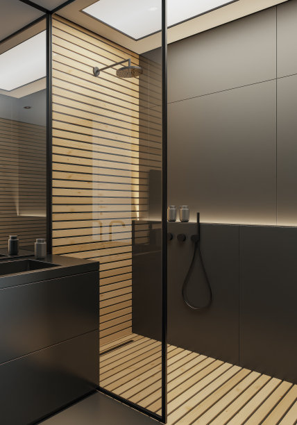 现代简约斯堪的纳维亚浴室，黑色哑光瓷砖饰面和小型松木镶板图片下载