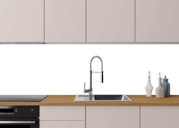 现代厨房溅回模型。厨房家具与空白的白色隔离后墙准备插入图片，打印。极简主义的设计。后墙模型，模板。台面和上层橱柜。3 d。图片下载