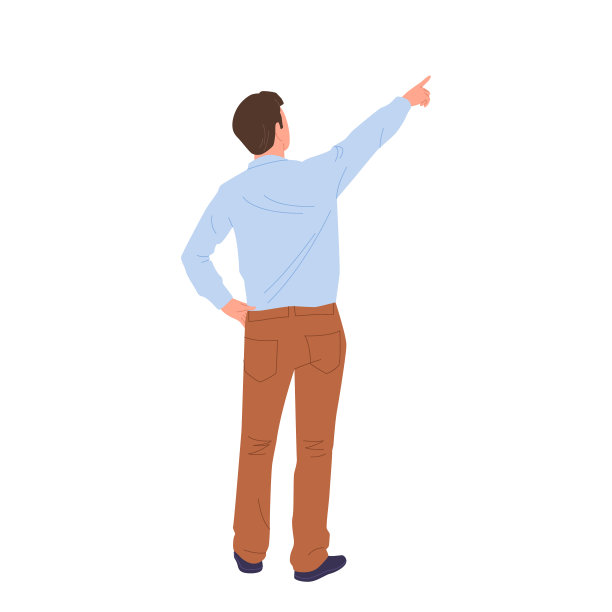 年轻商人卡通人物的后视图指向向上，孤立地站在白色上图片下载