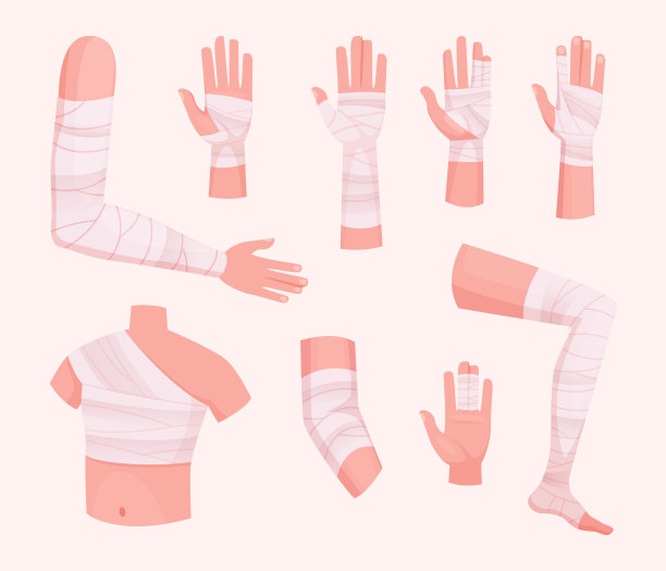 缠着绷带的身体。人体伤害保护不同的身体部位包扎腿，手，手臂，头部确切的矢量卡通解剖图片图片下载