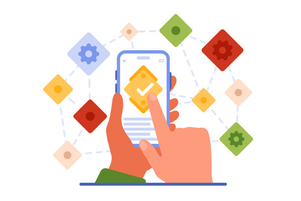 去中心化的移动应用程序，手持带勾的手机，线框同行图片下载