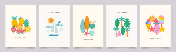夏天的氛围。最小的抽象海报集。热带水果、菠萝、海上游艇、阳光、叶怪、冲浪板、沙滩、鲜花。矢量暑假插图。图片下载