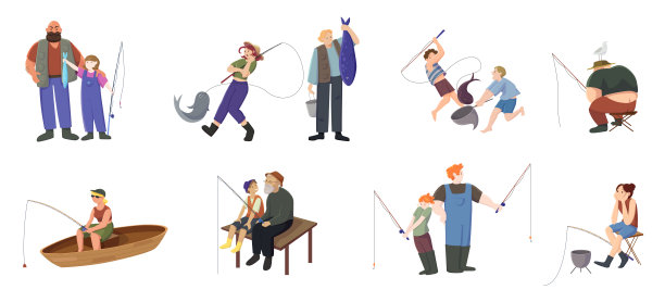 垂钓者钓鱼，渔具，渔民坐在船上或木椅上的码头图片下载