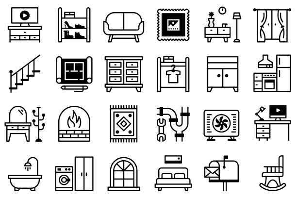 线条图标与可编辑的笔触为家具和室内设计图片下载