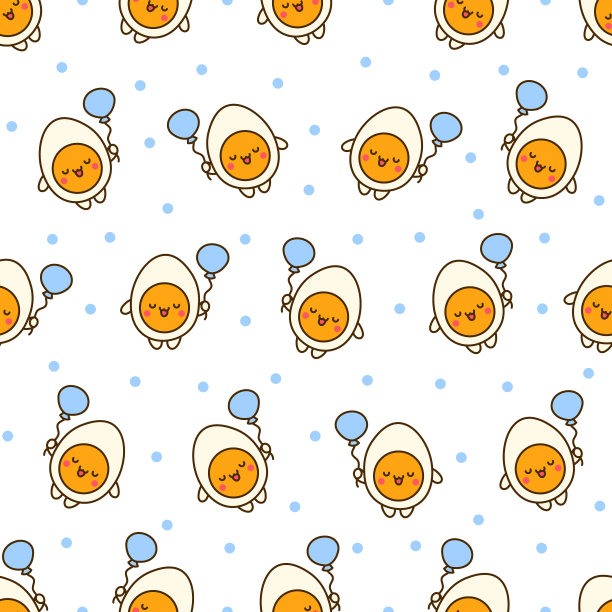 可爱的卡哇伊煮蛋和滑稽的脸。无缝模式。卡通快乐食品人物。手绘风格。矢量图。设计的饰品。图片下载