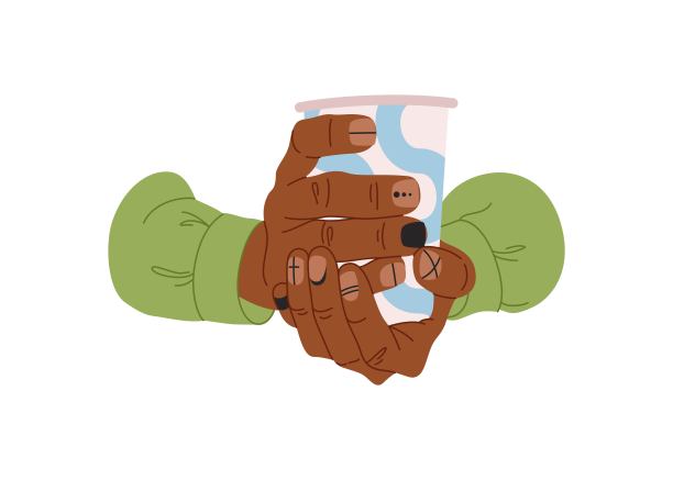 人手与单色几何指甲设计。矢量插图。男性美甲概念。手里拿着纸杯。图片下载