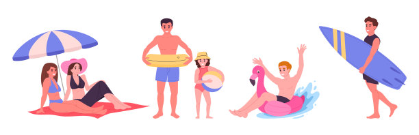 人们在海滩上休息。字符放松和在沙滩上玩耍，暑假假期平面矢量插图。海滩上的卡通人物图片下载