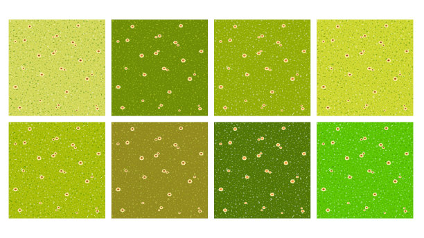 无缝卡通明亮的草坪草图案与小花-新鲜，明亮的绿色田野纹理与绽放，绿色草地和盛开的花朵。图案在地面上，矢量背景图片下载