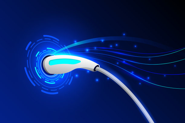 电动汽车充电电源电缆泵插在高科技蓝色未来背景下的现代科技电动汽车。矢量插图。图片下载