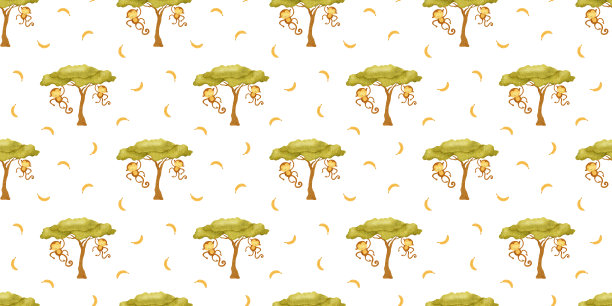 可爱的猴子挂在树上。非洲丛林动物的童年背景。用猕猴和香蕉印刷。水彩无缝图案设计儿童用品，卡片，明信片，织物，剪贴簿图片下载