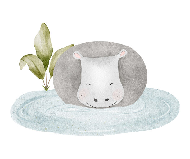 可爱的小河马在湖里。孤立的手绘水彩非洲动物插图。孩子的动物园。河马为设计婴儿淋浴，卡片，海报，儿童的商品和房间图片下载