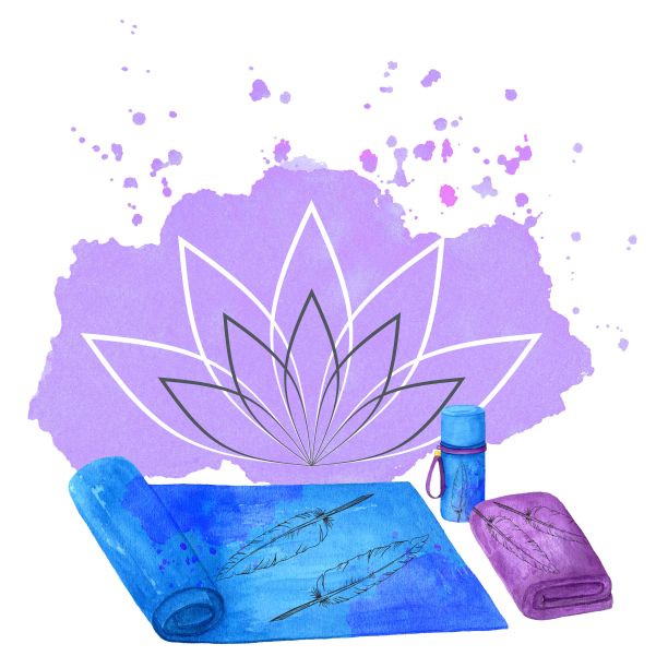 瑜伽垫，水瓶，毛巾的背景是丁香水彩画和一个程化的莲花。水彩画的各种健身房和瑜伽器材孤立在一个白色的背景。图片下载