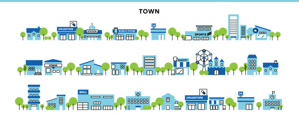 城镇景观的标志性插图，包括火车站、便利店、药店、高层公寓楼等。图片下载