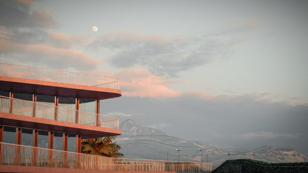 未来主义的建筑渲染在多云的日落与月亮和山脉图片下载