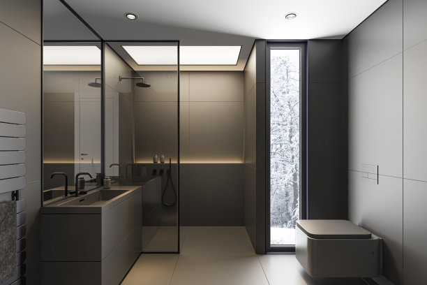 黑色现代极简主义斯堪的纳维亚浴室，黑色哑光饰面和大瓷砖图片下载