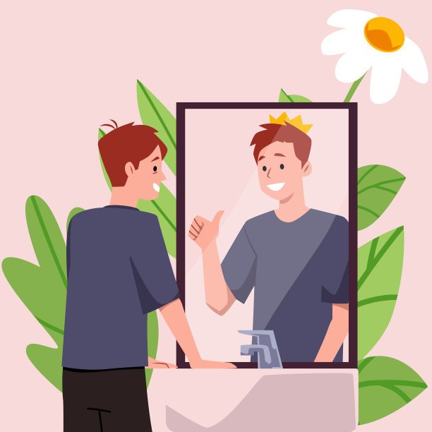 年轻疲惫的男子看着镜子里的伤痕，镜子里的倒影竖起大拇指图片下载