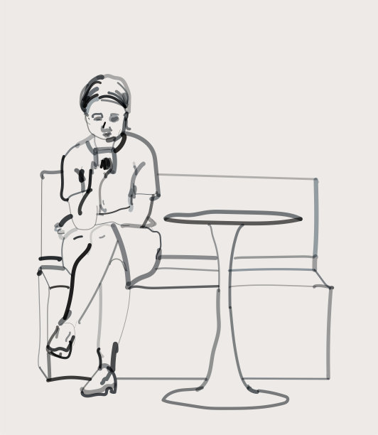 艺术时尚水彩画年轻女子坐在沙发上玩她的智能手机肖像图案图片下载