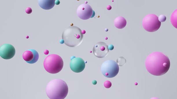 3d渲染，抽象现代壁纸。粉红色、蓝色和金色的塑料球四处乱飞，漂浮着泡泡。五彩缤纷的粒子图片下载
