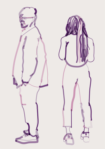 勾勒艺术水彩肖像图案，时尚男与女模特站在一起图片下载