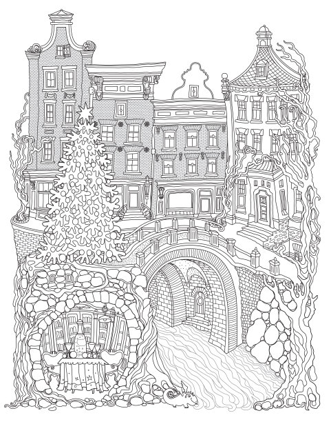 古老的中世纪欧洲小镇的童话广场上有圣诞枞树，地下洞穴里有桌子，葡萄酒杯和一瓶香槟。成人涂色书页图片下载