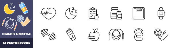 健康生活方式图标集。线性风格。矢量图标图片下载