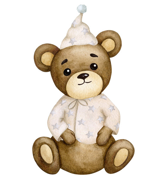 穿着睡衣的可爱熊宝宝。男孩。水彩儿童插画。婴儿派对，生日派对，儿童派对。设计元素的邀请，卡片，包装，贺卡，标志，标签等。图片下载