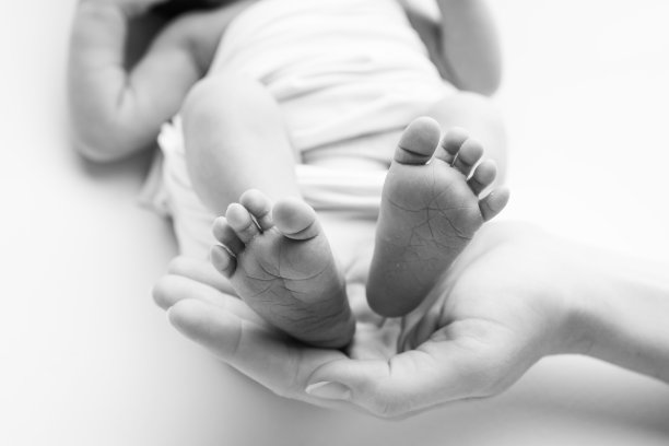 爸爸的手掌，妈妈都抱着刚出生的婴儿的脚。新生儿的脚放在父母的手掌上。工作室微距黑白照片的一个孩子的脚趾，脚跟和脚。图片下载