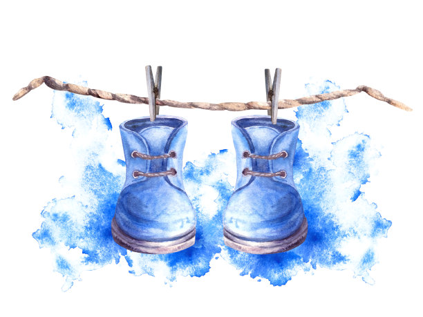 浅蓝色的靴子，有晾衣绳的鞋子，有水彩污渍的衣服挂钩，画插图图片下载