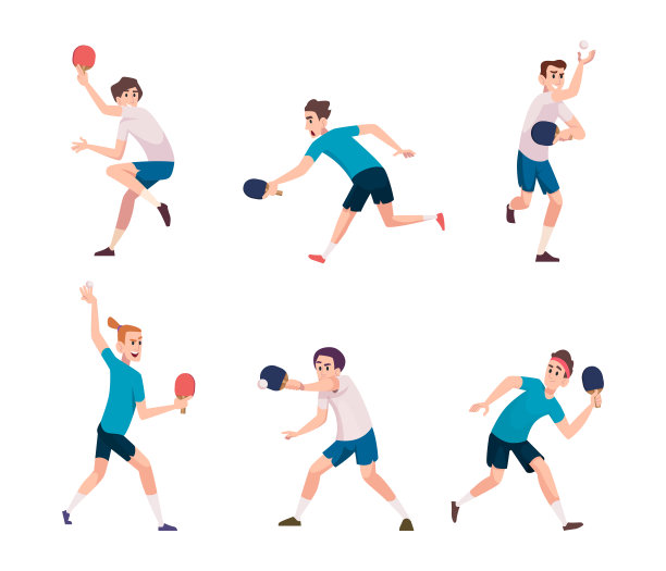 乒乓球。运动动作游戏运动员在动作姿势乒乓球运动员与小球和球拍精确矢量乒乓球游戏图片下载