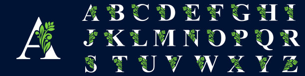 一组字母A到Z的大写图形。有花有叶的字母。矢量插图的婚礼，贺卡，邀请模板设计图片下载