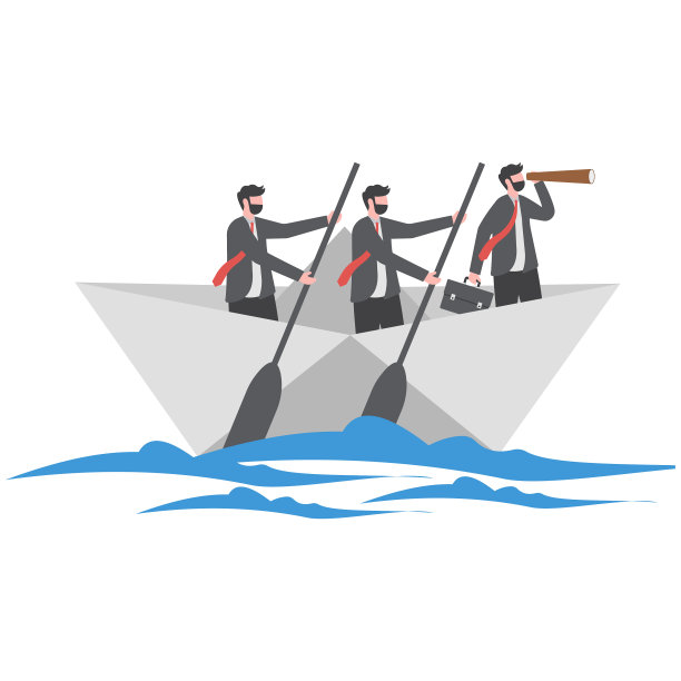 商人带着望远镜带领商业团队在海上乘着纸船航行图片下载