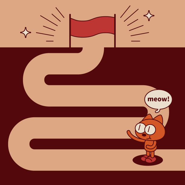 一只古灵精怪的可爱小猫，抬起身体喵喵叫，站在蜿蜒道路的起点，指向终点的旗帜图片下载