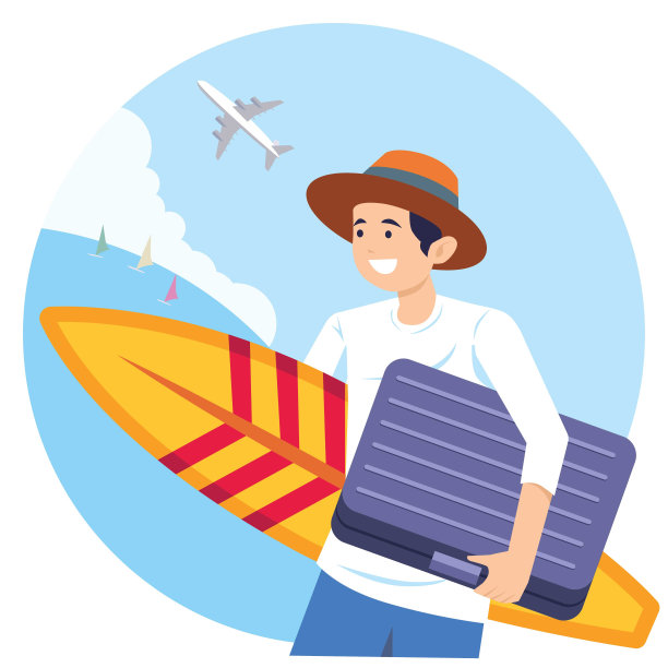 员工海滩冲浪度假扁平插画网页图形设计（蓝色背景）图片下载