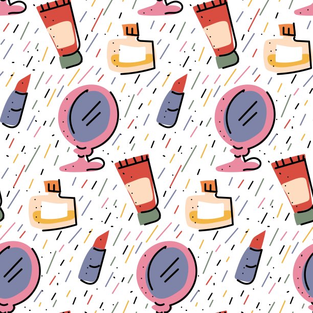 可爱的小贴纸图案与时尚的美丽细节插图。无缝背景与时尚舒适的元素。适用于纺织品和纸张印刷。店面装修图片下载