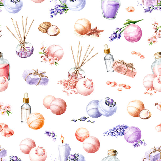 浴弹无缝花纹，芳香SPA概念。手绘水彩插图孤立的白色背景图片下载