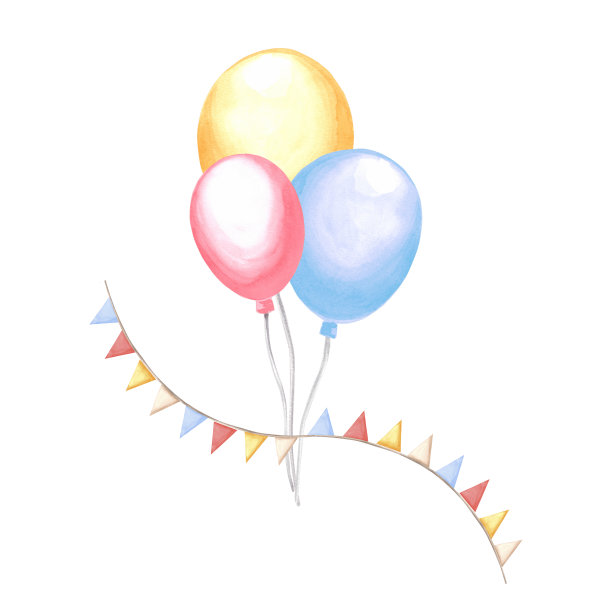 氦气球串着三角旗花环。彩色生日快乐节日剪贴画。手绘水彩插图隔离模板假日装饰，卡片，邀请，婴儿淋浴，托儿所图片下载