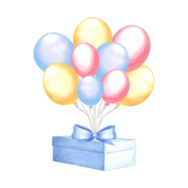 氦气球和带蝴蝶结的礼盒。彩色生日快乐节日剪贴画。手绘水彩插图孤立。模板的生日，节日装饰，卡片，邀请，婴儿淋浴。图片下载