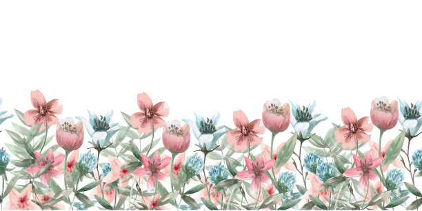 无缝边界的树枝和花朵在水彩插图在柔和的颜色在白色的背景。手绘儿童卡片，请柬，儿童聚会的装饰品。图片下载