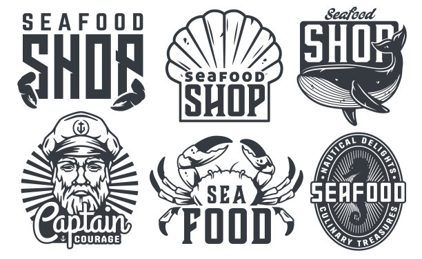 收集复古风格的海鲜商店标志，以品牌，广告和航海设计的海洋图案为特色图片下载