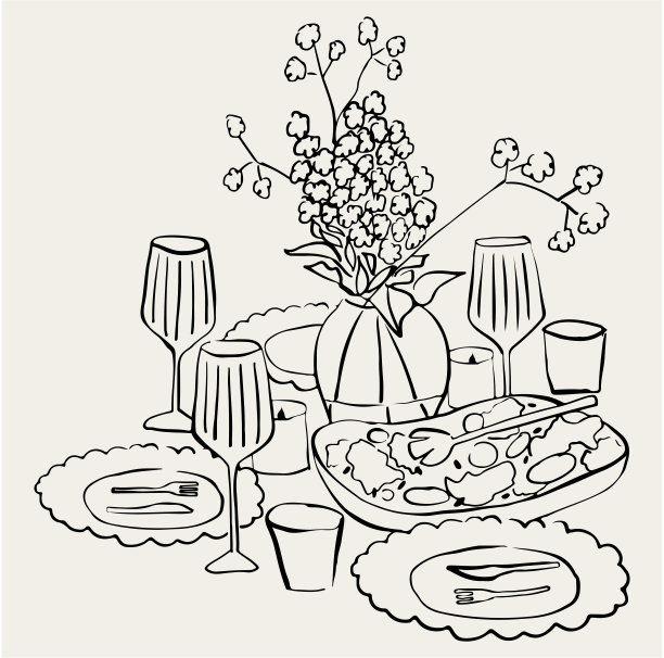 手绘的餐桌。插图的邀请，文具或品牌。宴会邀请的晚餐图标图片下载